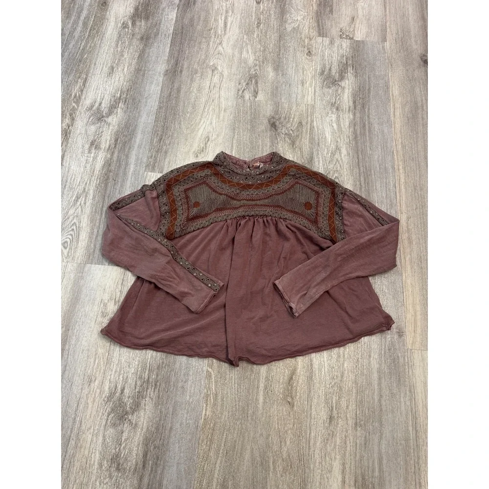 Free People Embroidered Long Sleeve Babydoll Top Plum Mauve Cotton Size Medium